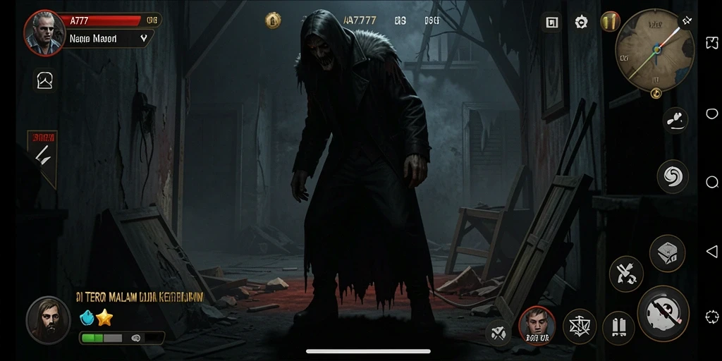 Gameplay A7777 menampilkan kegelapan menakutkan dan suasana tegang.