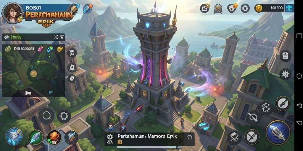Tampilan gameplay BOS01 dengan strategi menara yang menarik.