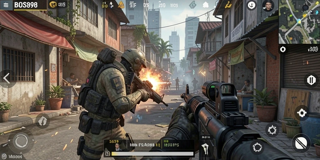 Screenshot gameplay menegangkan dari BOS898 yang menunjukkan pertempuran intens.