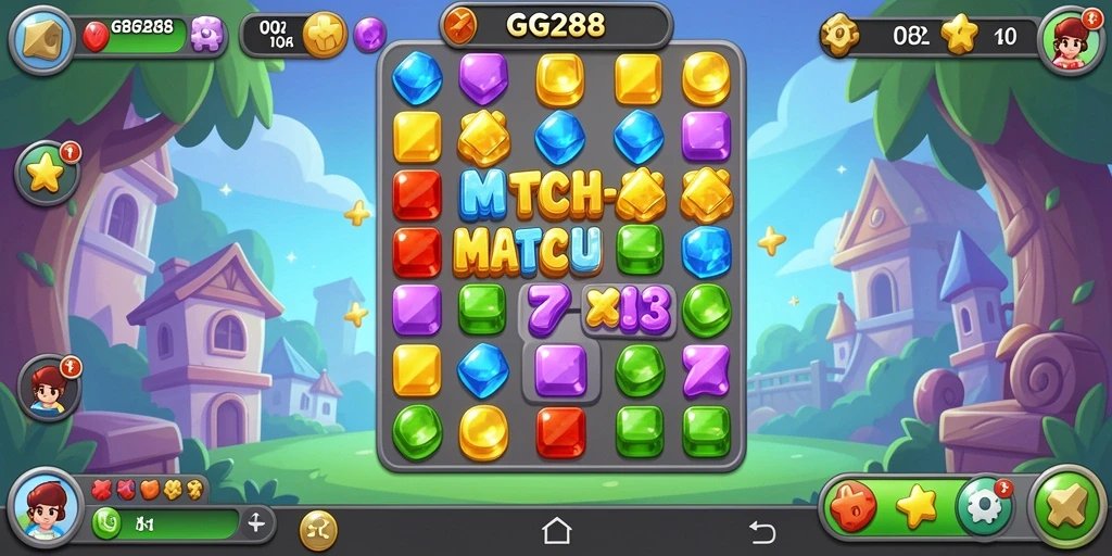 Screenshot utama GG288 menampilkan gameplay Match-3 yang penuh warna.