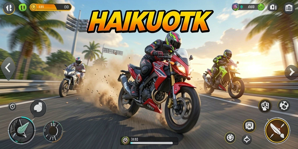 Gameplay seru HAIKUOTK dengan motor cepat di trek balapan.